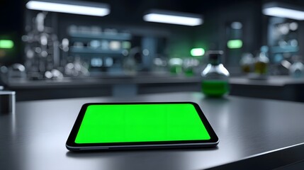 A modern smartphone with a vibrant green display resting on a desk in a dimly lit laboratory or office environment, showcasing technology and innovation.