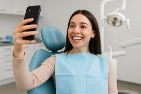 Patient taking selfie with smartphone after dental checkup, showing her healthy smile while sitting on dentist chair