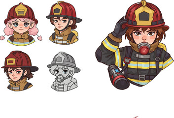 Cartoon firefighter character portraits, diverse emergency responders in gear, helmets, breathing apparatus, uniformed heroes, fire safety illustration