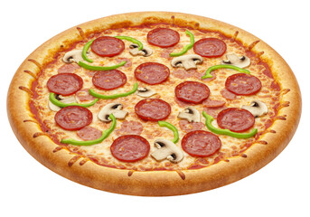 Pepperoni pizza with mushrooms and green peppers isolated on transparent background