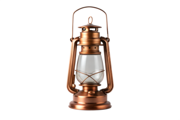 An antique copper oil lantern with a clear glass globe, isolated on a white background, evoking a sense of vintage charm and rustic aesthetics