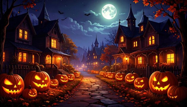 Halloween night pumpkin-lined street, lit houses under a full moon, bats