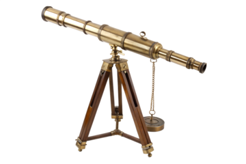 A vintage brass telescope on a wooden tripod, an antique optical instrument for observing distant objects, perfect for educational or decorative purposes