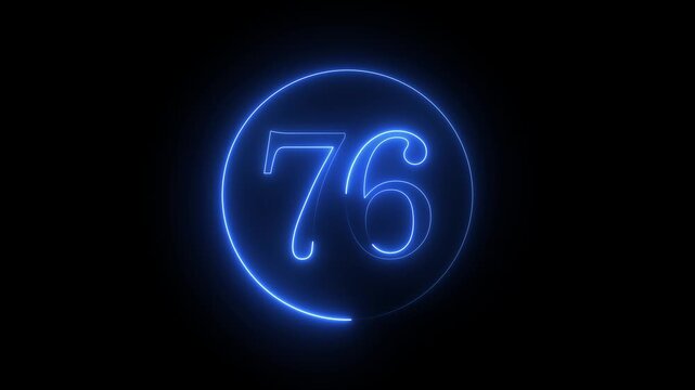 blue neon sign illuminates the number 76, encased in a glowing circle against a stark black backdrop, creating a modern and eye atching design element for various applications.