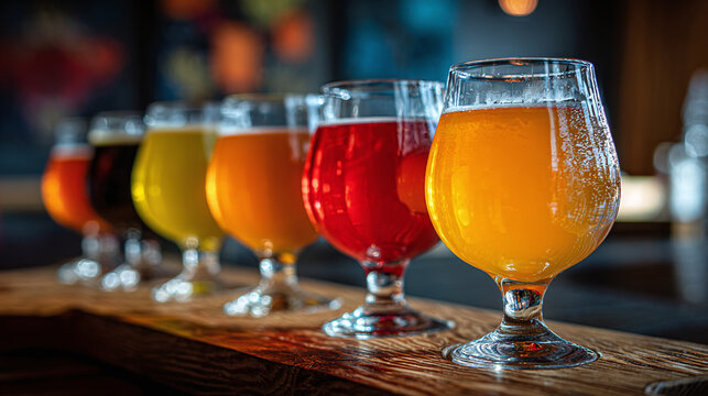 A colorful variety of craft beverages, from amber to ruby red, lined up and ready for tasting. A treat for the senses and the palate. Enjoy responsibly!