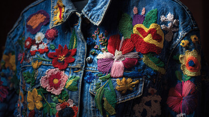 Embroidered Denim Jacket: A vibrant, hand-stitched floral design adorns a classic blue denim jacket, creating a unique and eye-catching fashion statement.