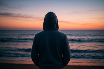 Silhouette of a young man wearing a hoodie standing on the beach looking at the sunset over the ocean