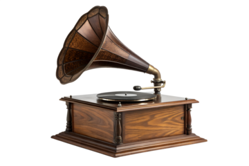Elegant antique wooden gramophone with a polished horn speaker, a classic retro phonograph for playing vinyl records, isolated on a clean white background