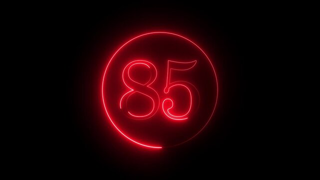 Vibrant red neon number eighty five glows within a circle against a stark black backdrop, symbolizing energy, passion, and modern technology, perfect for countdowns and celebrations.