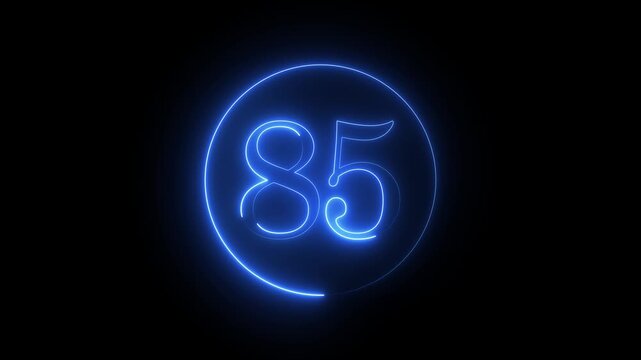 Neon number eighty five glowing inside a circle on a black background, representing futuristic technology, digital display, and modern aesthetics, perfect for countdowns and celebrations.