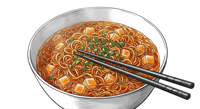 Ramen bowl cartoon noodles tofu chopsticks - Powered by Adobe