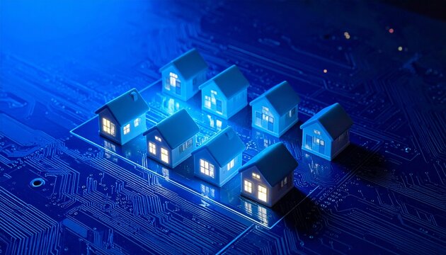 Model houses with glowing windows arranged on circuit board with illuminated lines—conceptual scene evokes smart neighborhoods, digital real estate, and tech-integrated living environments.