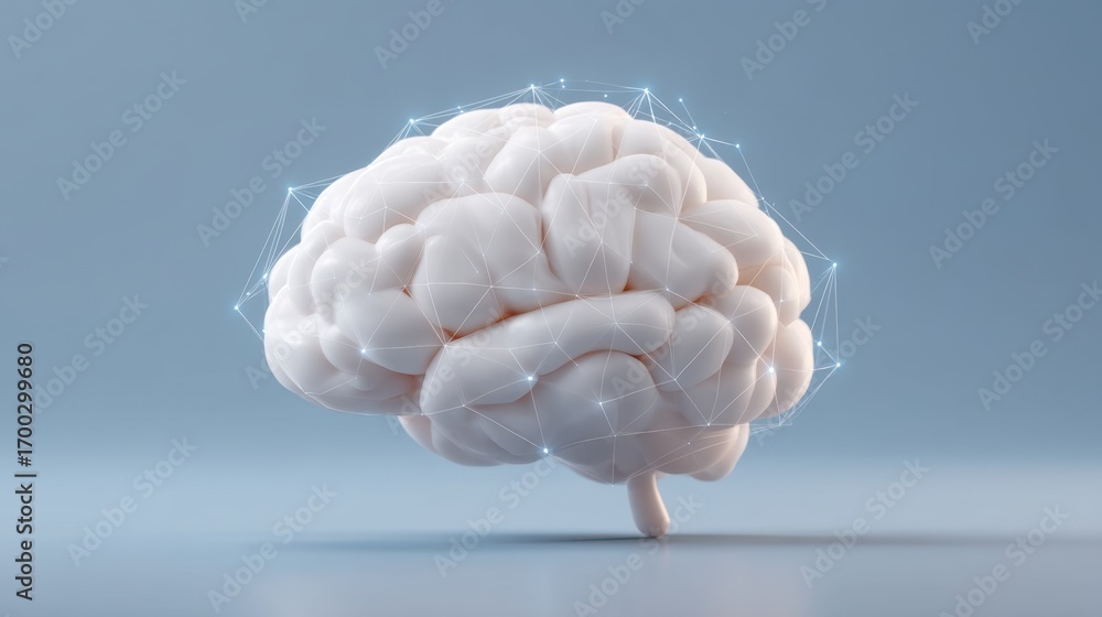Poster human brain model with network connections, symbolizing artificial intelligence, neural networks, an