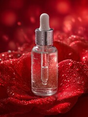 Hyper-realistic mockup of transparent glass dropper bottle with cosmetic product on red petals background