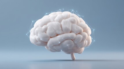 Human brain model with network connections, symbolizing artificial intelligence, neural networks, and cognitive science in a futuristic setting