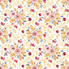 Elegant floral pattern with roses, leaves, and berries on a white background, seamless pattern, Stock royalty image.