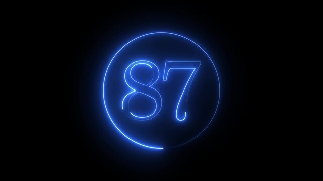 Illuminated neon number 87 in a vibrant blue hue, encircled by a glowing ring against a stark black backdrop, creating a modern and eye catching design element for various digital applications.