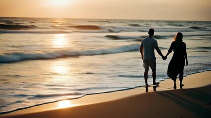 Couple holding hand silhouette walking on beach at sunset with ocean waves and warm golden light romantic stroll