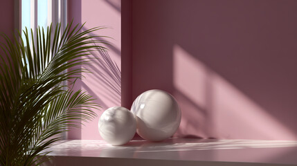 Fototapeta premium Abstract background for product presentation with a white table, two spheres, and a palm leaf on a pink wall with a window shadow