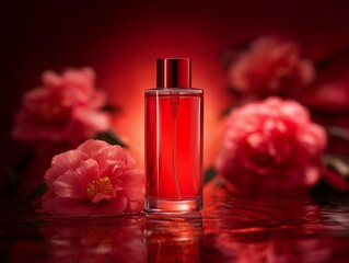 Hyper-realistic mockup of transparent glass bottle with cosmetic product on red flowers background