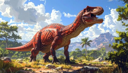 A large, vibrant red dinosaur strides across a sun-drenched prehistoric landscape, its imposing figure framed by lush vegetation and distant mountains.