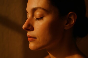 Profile of a young woman with eyes closed, illuminated by warm light, creating a serene and contemplative atmosphere