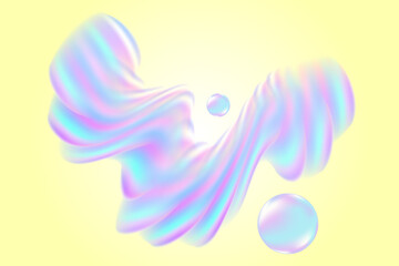 Futuristic liquid flowing wave form, iridescent holographic bubbles, splash gradient background, abstract geometric glass shape decoration.
