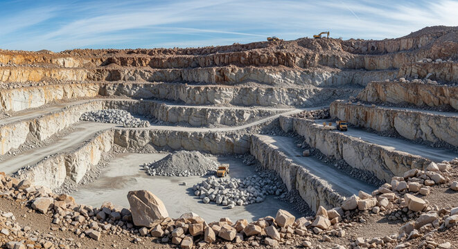 An expansive open-pit mine, showcasing a massive quarry with multiple terraces and a wide road for heavy machinery. The image captures the scale of the mining operation, with excavators