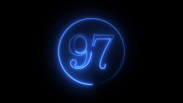 digital display showing the number 97 in a glowing blue font. seamless loop of a glowing blue number ninety-seven. animated blue neon number 97 in a circle. celebrating a 97th anniversary or birthday.