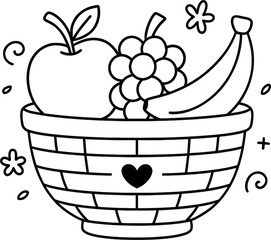 Cute kawaii line art illustration of a fruit basket with apple, grapes, and banana decorated with heart and doodle accents, simple black and white design for coloring