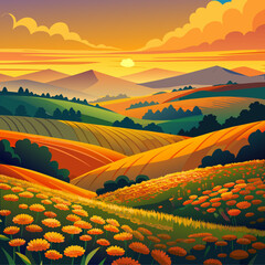 Vibrant marigold field rolling hills landscape at sunset vector illustration