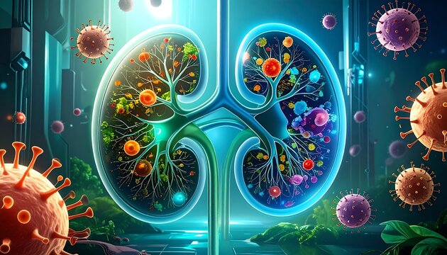 A vibrant digital artwork showcasing a stylized human lung, teeming with colorful cells, and surrounded by floating viral particles and futuristic backgrounds. 