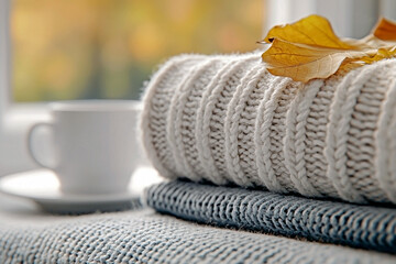 Stack of cozy knitted sweaters with autumn maple leaf and white mug in warm home interior