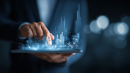 Analyzing digital financial data and market trends on a tablet, enhancing business strategy with informed decisions. Data visualization for insights.