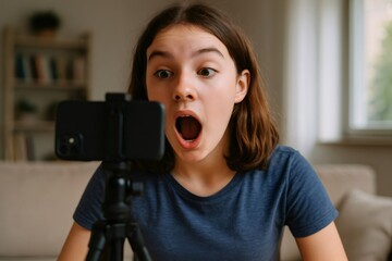 Teenager recording a vlog at home using a smartphone on a tripod, with a surprised expression on her face