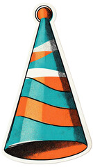 Retro style sticker illustration of a striped party hat with pompom