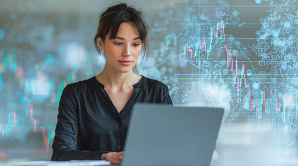 Focused professional working on a laptop with stock market data overlay. Analyzing trends and making informed decisions in a modern workspace.