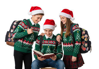 Fototapeta premium Three Students in Christmas Sweaters and Santa Hats Reading Together with Backpacks on White Background