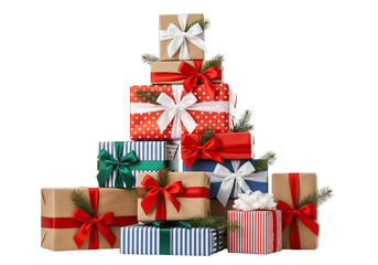 Fototapeta premium Stacked Christmas Gift Boxes with Festive Wrapping and Pine Accents on White Background