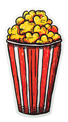 Detailed hand-drawn illustration of a classic striped popcorn cup.