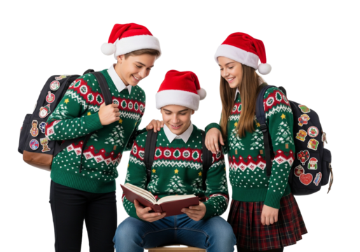 Three Students in Christmas Sweaters and Santa Hats Reading Together with Backpacks on White Background