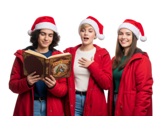 Christmas Carolers in Red Jackets and Santa Hats Singing with Songbook on White Background
