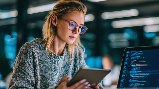 Woman coding with tablet & laptop. Focus & determination in a modern, blurred office environment. Digital workplace productivity at its finest.
