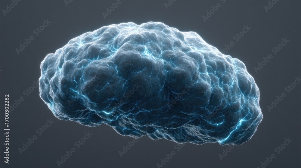 Poster a futuristic representation of a brain with glowing energy lines and a dark background for technolog