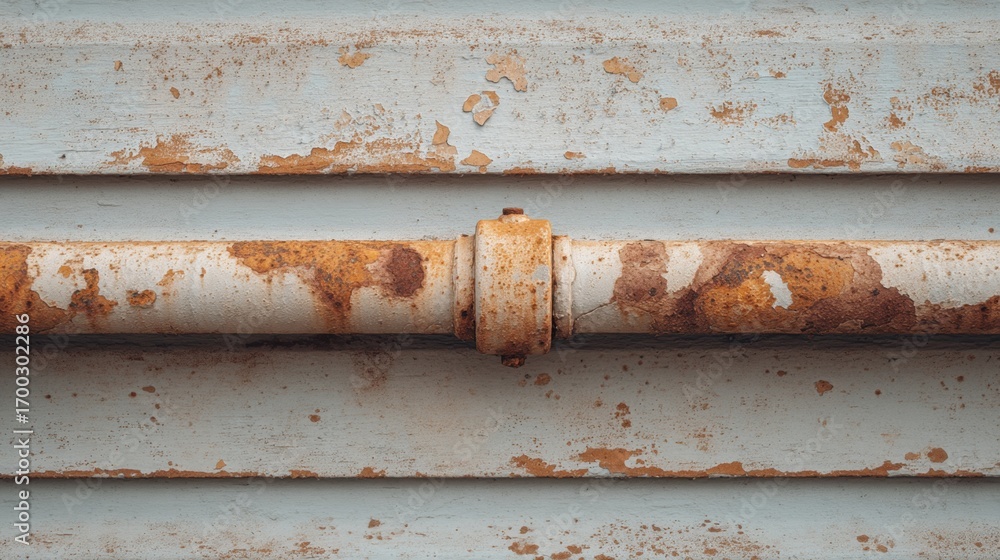 Poster rustic texture of old rusty pipe against weathered blue surface showing flaking paint and corrosion 