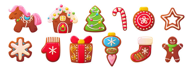 Set of colorful Christmas gingerbread cookies — horse, mitten, star, candy cane, christmas tree, snowflake, gift. Holiday vector design.