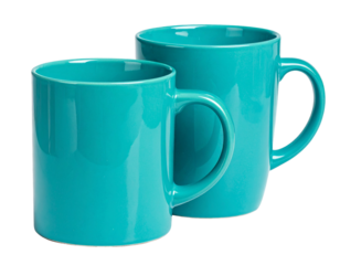  Two Turquoise Mugs Tilted Side by Side, Modern Mockup, Transparent PNG