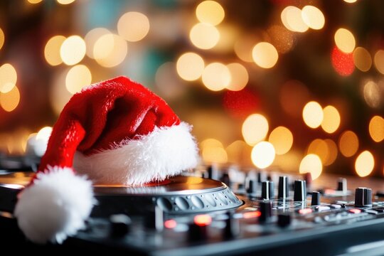 Festive dj mixer with santa hat and colorful bokeh lights celebrating holiday party atmosphere - Powered by Adobe
