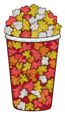 Detailed hand-drawn doodle art illustration of a colorful popcorn cup.
