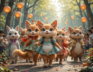 Adorable fox children in traditional clothing joyfully parade through a park surrounded by falling petals and lanterns